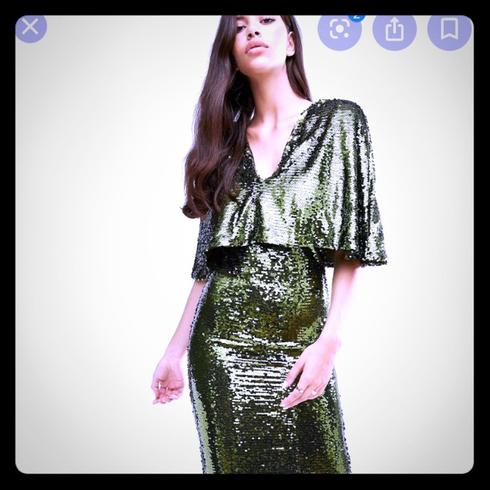 NWT Gold cape sleeve sequin midi dress